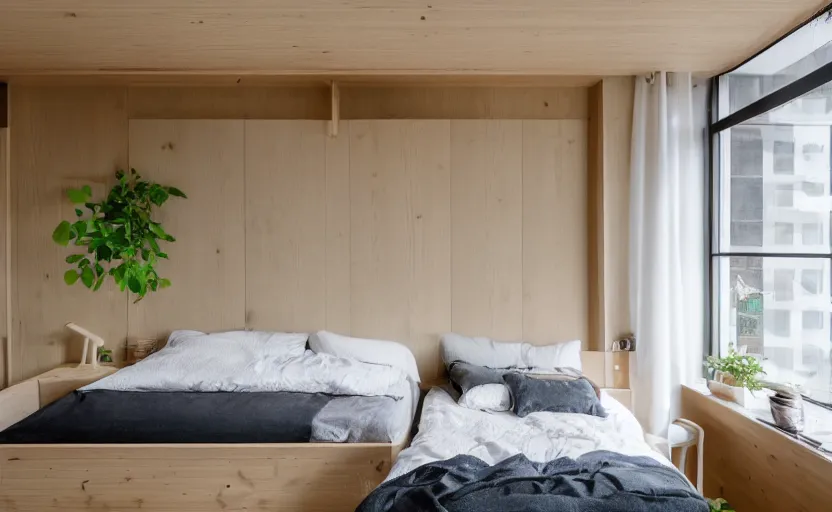 Prompt: interior of a compact bedroom in an apartment building, bed, green wall, cupboards, japanese design, swedish design, natural materials, minimalism, pine wood, earth colors, feng shui, rustic, white, beige, bright, plants, windows with a view of a green park, modernist, 8 k