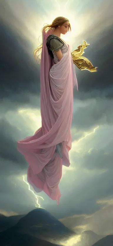 Prompt: angel, big wings, hudson river school, full plate armor with cloth, f 1 6, bokeh, gentle, female, snowy mountain, storm clouds, god rays, landscape, d & d, fantasy, elegant, teal pink white gold color palette, concept art, artgerm and greg rutkowski and alphonse mucha