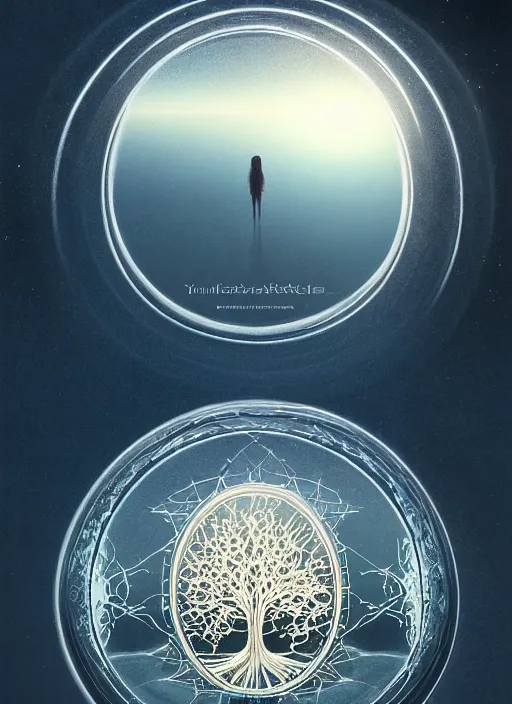 Image similar to transparent horizontally centered crystal ball floating over a serene lake, tree of life inside the ball, intricate details, radiant light, reflections on the water, ripples, moody sky, hyperdetailed illustration by yuumei, by mark brooks, john harris, artstation, low global light, coherent composition