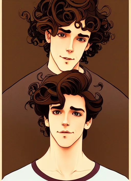 Prompt: art nouveau portrait of a handsome young man with curly medium length very messy light brown hair, brown eyes, aloof, serious expression, t - shirt, modern casual clothing, natural lighting, path traced, highly detailed, high quality, cartoon, digital painting, by don bluth and ross tran and studio ghibli and alphonse mucha