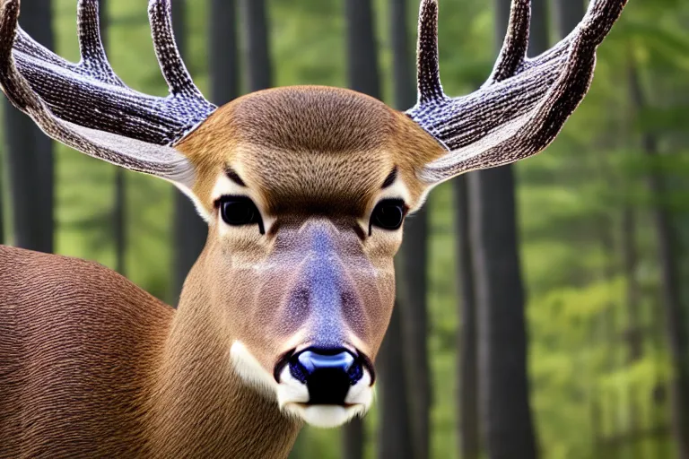 Prompt: a close up of the head of a deer. The deer has bright white eyes. background of a landscape misty forest scene, the sun glistening through the trees, hyper realistic photograph, octane render 8k, trending on artstation, unreal engine