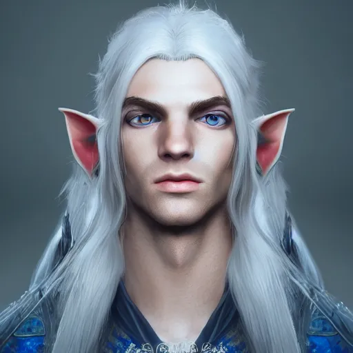 Image similar to a highly detailed portrait male elf, with white long hair, white clothes, bright blue eyes, artstation, DeviantArt, professional, octane render