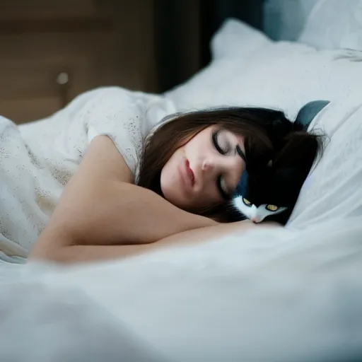 Image similar to a beautiful girl rests on a bed holding a cat, 5 0 mm lens, f 1. 4, sharp focus, ethereal, emotionally evoking, head in focus, volumetric lighting, blur dreamy outdoor,