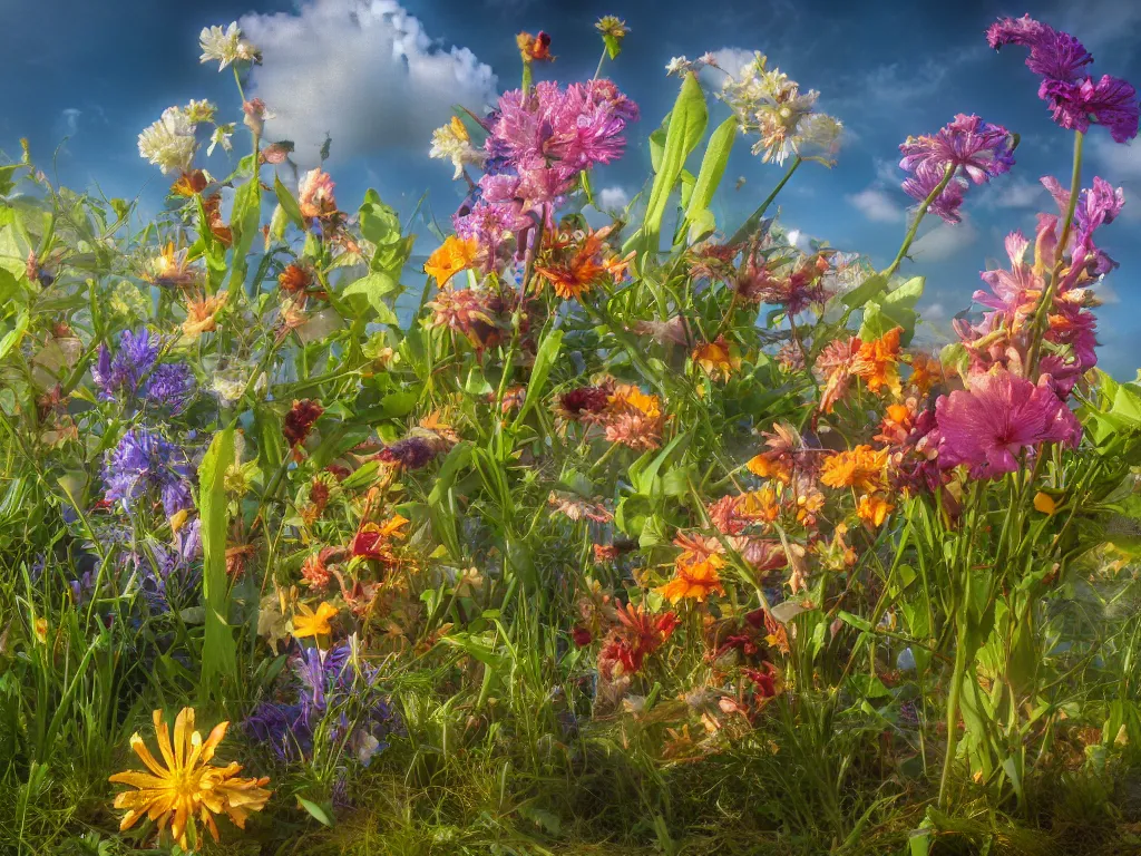 Prompt: sunlight study, wildflower undergrowth, art nouveau, by jan davidz de heem and ( ( ( ( ( lisa frank ) ) ) ) ), 8 k, sharp focus, octane render, kauai