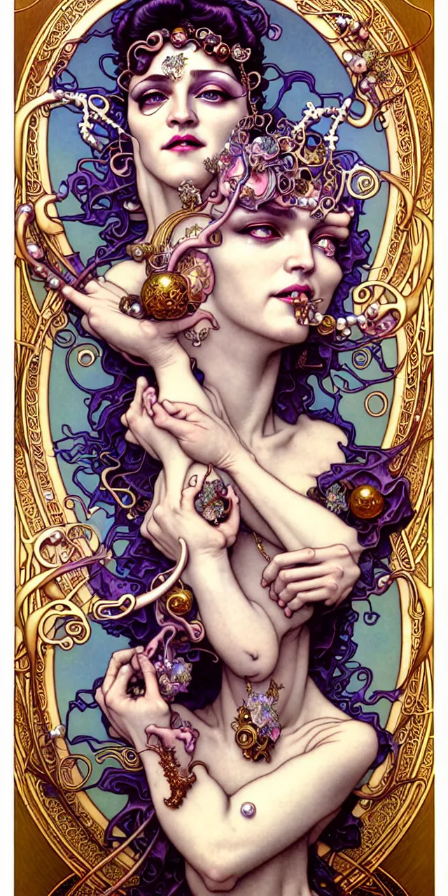 Image similar to beautiful madonna art nouveau fantasy character portrait, ultra realistic, intricate details, the fifth element artifacts, highly detailed by peter mohrbacher, hajime sorayama, wayne barlowe, boris vallejo, aaron horkey, gaston bussiere, craig mullins alphonse mucha, art nouveau curves swirls and spirals, flowers pearls beads crystals jewelry goldchains scattered