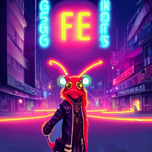 Image similar to beautiful furry digital art portrait commission of an androgynous furry anthro frog fursona wearing punk clothes in the streets of a cyberpunk city. neon signs. character design by charlie bowater, ross tran, artgerm, and makoto shinkai