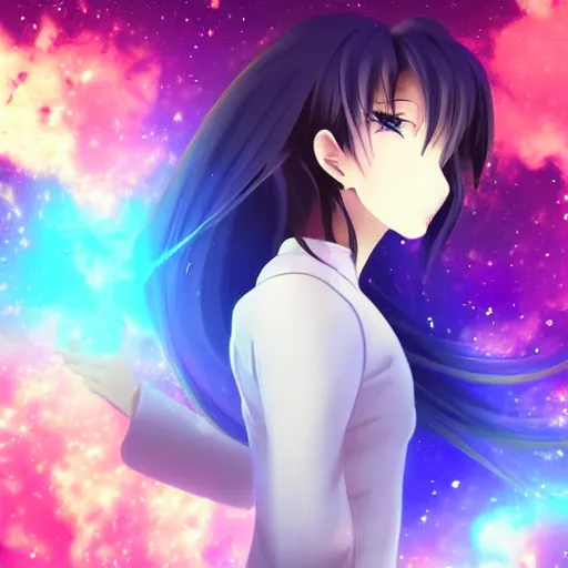 Image similar to anime girl in space staring at a nebula exploding in the distance, close-up side-view face shot