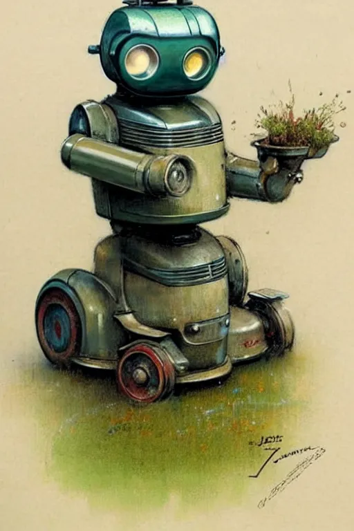 Image similar to ( ( ( ( ( 1 9 5 0 s retro future android robot lawnmower. muted colors., ) ) ) ) ) by jean - baptiste monge,!!!!!!!!!!!!!!!!!!!!!!!!!