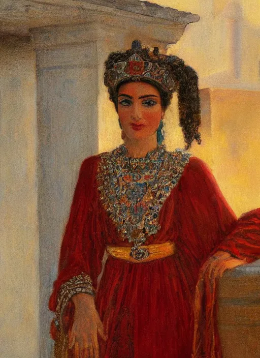 Prompt: close up portrait of an ancient Persian queen standing on a balcony of a palace, soft sunlight hitting face, oil painting,