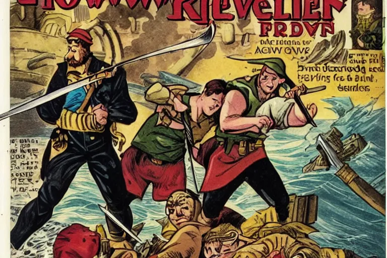 Prompt: comic book cover of a shipwrecked sailor fighting a pirate with swords in a tavern. detailed. action. adventure.