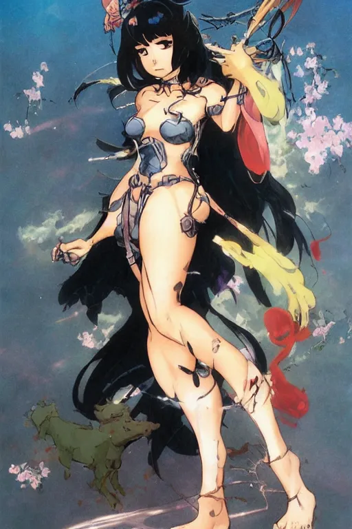 Image similar to a cute anime woman by frank frazetta and ross tran