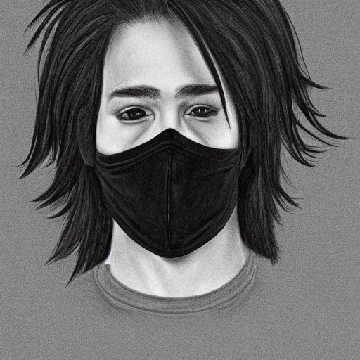 Image similar to professional pencil sketch of a young adult man with slightly long hair wearing a black face mask and an oversized dark sweatshirt and dark sweatpants, high quality, HD, 8K, highly detailed, award-winning