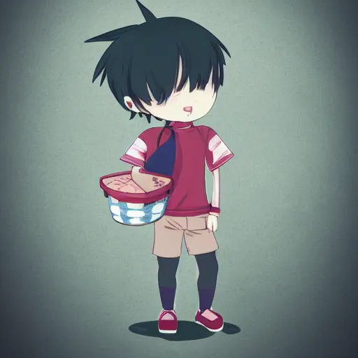 Prompt: a cute anime style boy holding basket on his shoulder, full body ,chibi ,kawaii, hyperreal