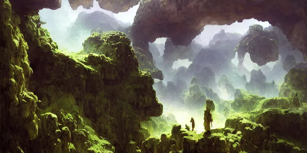 Image similar to huge cave ceiling towns, villages castles buildings bytopia planescape clouds made of green earth inverted upsidedown mountain surreal artstation illustration sharp focus sunlit vista painted by ruan jia raymond swanland lawrence alma tadema zdzislaw beksinski norman rockwell tom lovell alex malveda greg staples