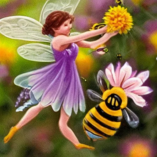 Prompt: two fairies helping a bee to pollinate a flower, close up, realistic