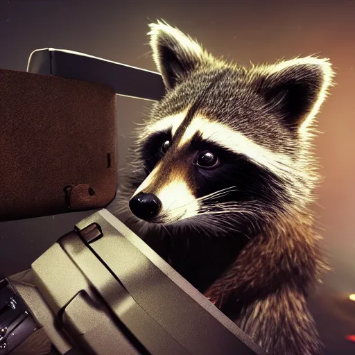 Image similar to a hyperrealistic octane render of a raccoon holding a dslr camera taking a photograph, photorealism, unreal engine, dramatic lighting, volumetric lighting, uplighting