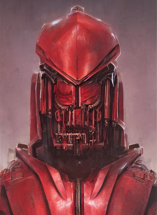 Image similar to portrait of rotten flash head adeptus mechanicus in red hood and robe from Warhammer 40000. Highly detailed, artstation, illustration by and John Blanche and zdislav beksinski and wayne barlowe