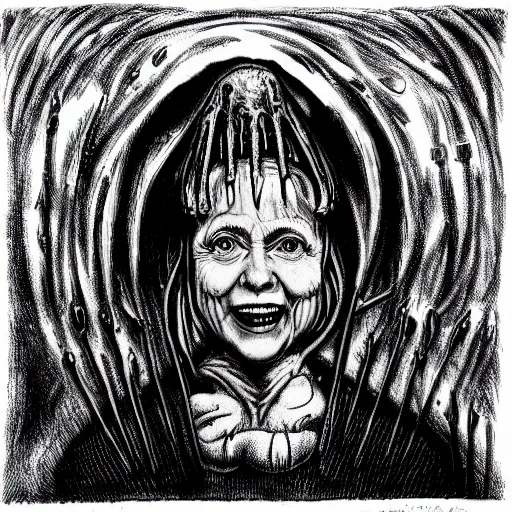 Prompt: hillary clinton is a witch who drinks children's blood by giger