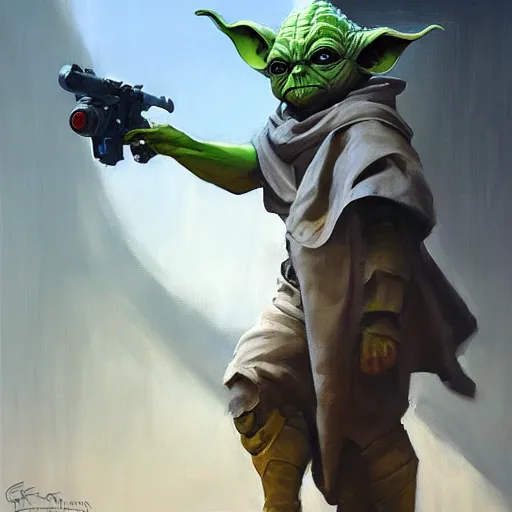 Image similar to greg manchess portrait painting of armored yoda as overwatch character, medium shot, asymmetrical, profile picture, organic painting, sunny day, matte painting, bold shapes, hard edges, street art, trending on artstation, by huang guangjian and gil elvgren and sachin teng