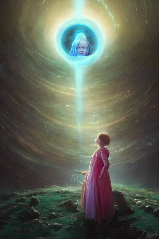 Image similar to a fancy portrait of young girl looking up to a celestial child in a colourful portal to another world by greg rutkowski, sung choi, mitchell mohrhauser, maciej kuciara, johnson ting, maxim verehin, peter konig, bloodborne, 8 k photorealistic, cinematic lighting, hd, high details, dramatic, dark atmosphere, trending on artstation