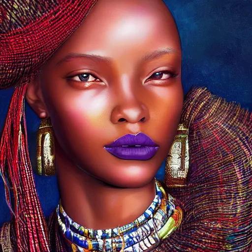 Image similar to A masterpiece portrait of a Incredibly beautiful African girl albino model. With big bright African jewelry. In African clothes. Vogue. trending on artstation, digital art, by Stanley Artgerm Lau, WLOP, Rossdraws, James Jean, Andrei Riabovitchev, Marc Simonetti, Yoshitaka Amano