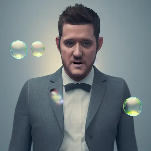 Image similar to hyperrealistic dslr film still of michael buble disguised a bubbles, stunning 8 k octane comprehensive 3 d render, inspired by istvan sandorfi & greg rutkowski & unreal engine, perfect symmetry, dim volumetric cinematic lighting, extremely hyper - detailed, incredibly real lifelike attributes & flesh texture, intricate, masterpiece, artstation, stunning