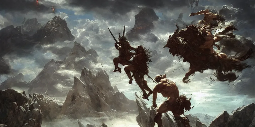 Image similar to epic battle barbarian norse gods thunder inverted individual rocks hanging from the sky two worlds facing each other horizontal symmetry inception good composition artstation illustration sharp focus sunlit vista painted by ruan jia raymond swanland lawrence alma tadema zdzislaw beksinski norman rockwell tom lovell alex malveda greg staples