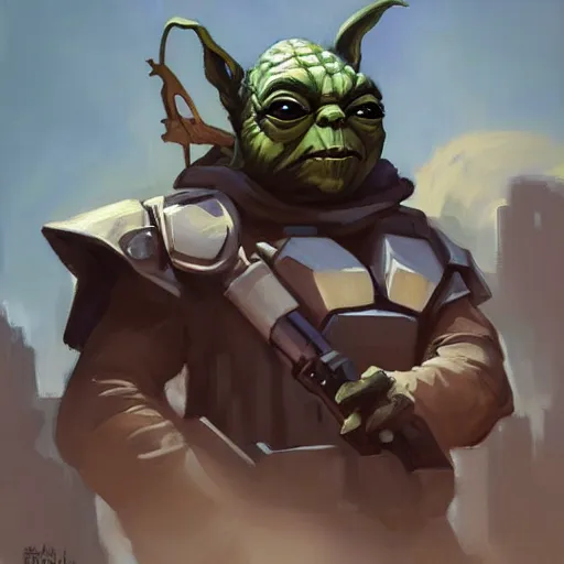 Image similar to greg manchess portrait painting of armored yoda as overwatch character, medium shot, asymmetrical, profile picture, organic painting, sunny day, matte painting, bold shapes, hard edges, street art, trending on artstation, by huang guangjian and gil elvgren and sachin teng