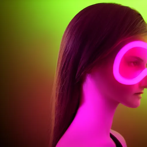 Image similar to Profile face angle of a cute young woman with robot ears and eyes, 4k, sharp focus, neon colored fluorescent lighting, Andreas Rocha
