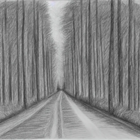 Prompt: a pencil drawing of a car driving through a forest on a gravel road, soft lighting, atmospheric, sunlight. by pen tacular