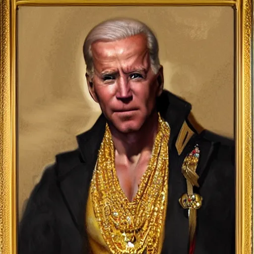 Image similar to detailed realistic cinematic wide shot of beautiful attractive muscular joe biden as roman empreror gold chain wearing royal red clothes slim face symettrical face clean skin black eyes black robe smooth, sharp focus, ultra realistic, spring light, painting by gaston bussiere, craig mullins, j. c. leyendecker