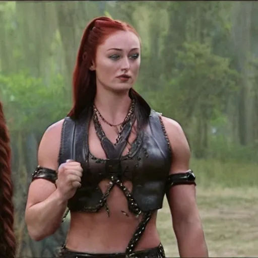 Image similar to still of muscular sophie turner in xena, six packs abs