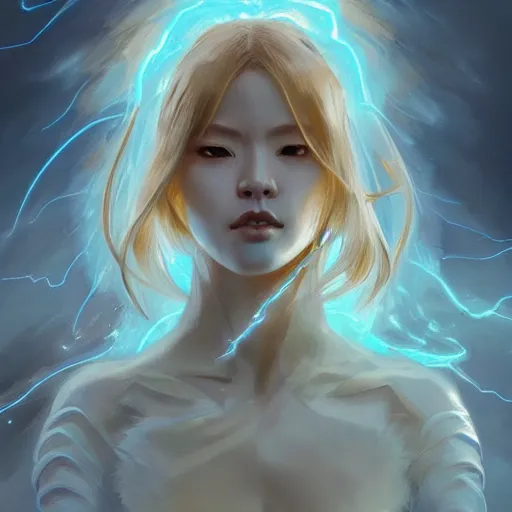 Image similar to female japanese lightning elemental, ghostly form, transparent, d & d, golden!!! palette, highly detailed, digital painting, artstation, concept art, sharp focus, illustration, cinematic lighting, art by artgerm and greg rutkowski and alphonse mucha