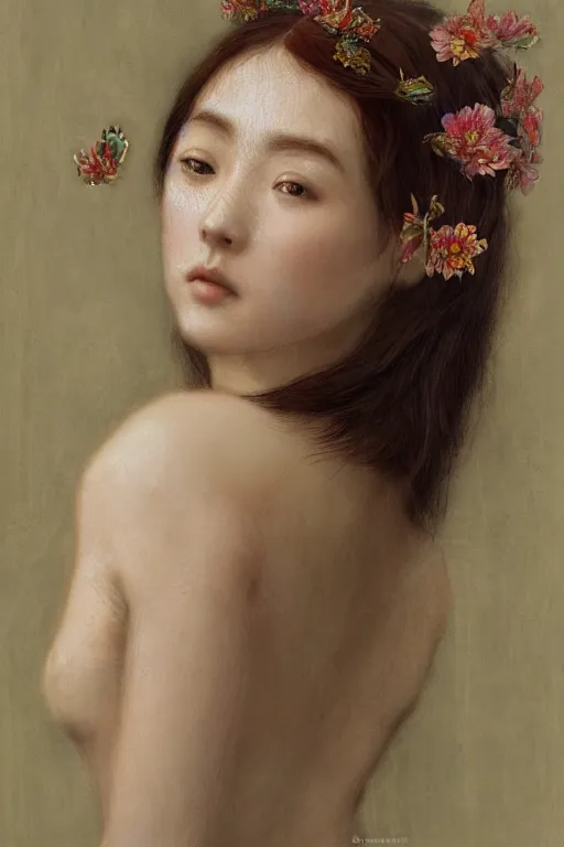 Prompt: Pre-raphaelite painting of a beautiful asian girl with freckles, wearing a flower headpiece, porcelain skin, cinematic lighting, photo realistic, highly detailed, maya, digital painting, artstation, concept art, sharp focus, illustration, by Mucha