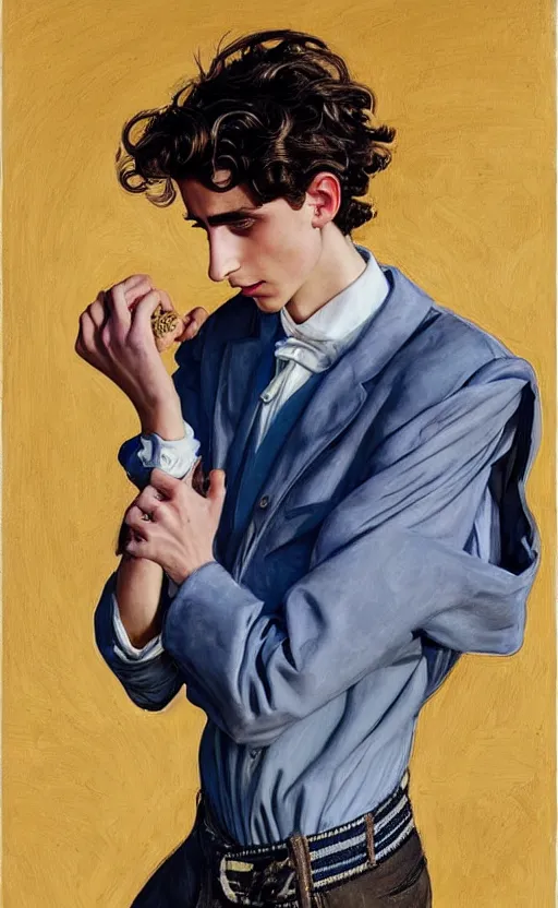 Image similar to Timothee Chalamet, the most beautiful androgynous man in the world, intense painting, sunny day at beach, tropical island, +++ super supper supper dynamic pose,  digital art, +++ quality j.c. leyendecker, limited edition, shiny