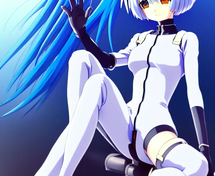 Image similar to anime art, fullbody shot of female rei ayanami, evangelion, long blue hair and large eyes, finely detailed perfect face, in a pale skintight plugsuit, sitting on rooftop, flooded city, trending on pixiv fanbox, by ilya kuvshinov, sola digital arts,, raytracing