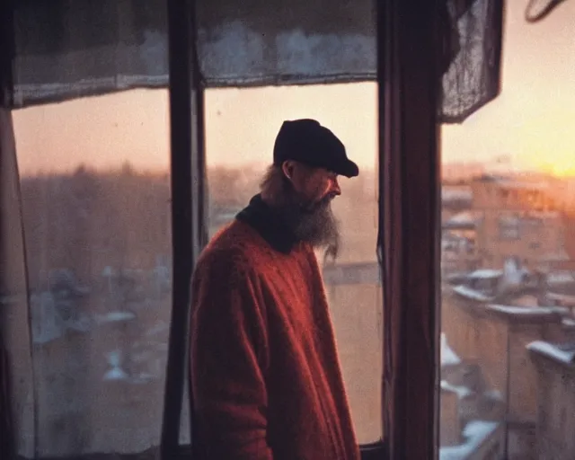 Image similar to lomographic tarkovsky film still of 4 0 years russian man with beard and sweater standing on small hrushevka 9 th floor balcony full with cigarette smoke in winter taiga looking at sunset, cinestill, bokeh