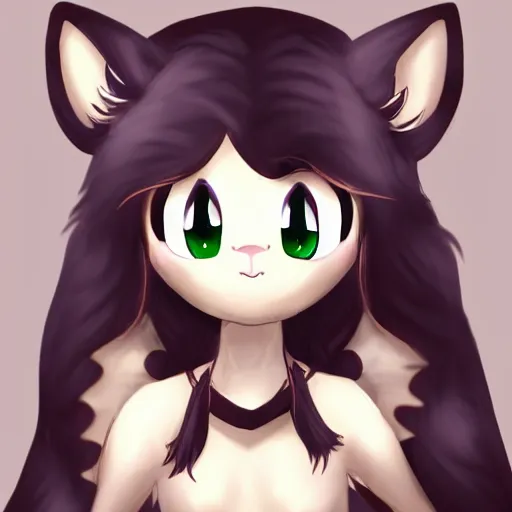 Image similar to headshot of young female furry, maple story, cute, fantasy, intricate, long hair, dark grey skin, mouse face, maplestory mouse, dark skin, mouse head, mouse ears, black hair, elegant, cartoony, Deviantart, artstation, character art of maple story, smooth, sharp focus, illustration, art by Diives