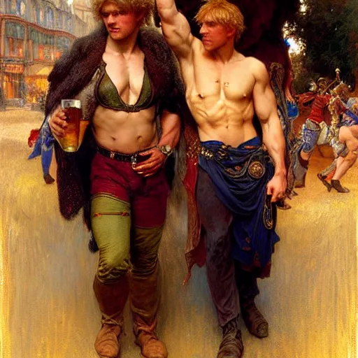 Image similar to attractive muscular arthur pendragon and muscular attractive merlin go to a pub together to have some drinks. highly detailed painting by gaston bussiere, craig mullins, j. c. leyendecker, alphonse mucha 8 k