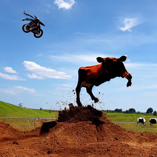 Prompt: a cow standing on a motocross jump