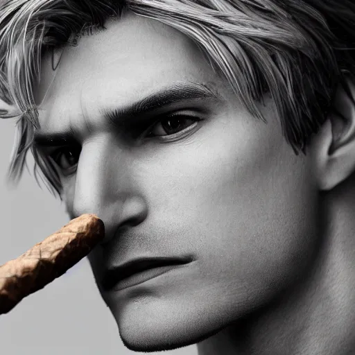 Image similar to a closeup photo of handsome gigachad xqc smoking a cigar, 8k photorealism, extremly detailed, trending on artstation