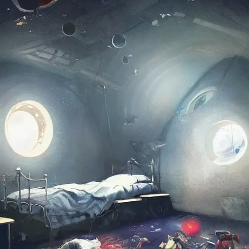 Prompt: detailed room in the sewer lair The room is a clutter if clothes and a bunkbed with space posters everywhere,soft,light,bright,epic,awesome,digital art, by Simon baek and Greg rutkowski