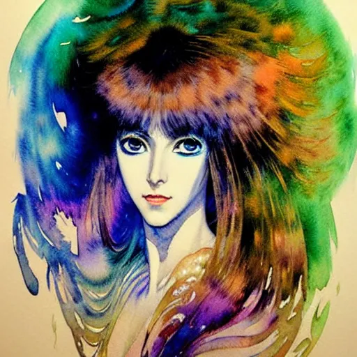 Image similar to vintage 7 0 s anime watercolor by karol bak, a portrait of a lady with colorful face - paint enshrouded in an impressionist watercolor, representation of mystic crystalline rift fractals in the background by william holman hunt, art by cicley mary barker, thick impressionist watercolor brush strokes, portrait painting by daniel garber, minimalist simple pen and watercolor