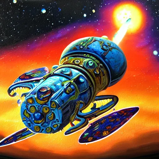 Prompt: painting of ornate space ship orbiting a gas planet, 4 0 k warhammer, shrimp, prawn