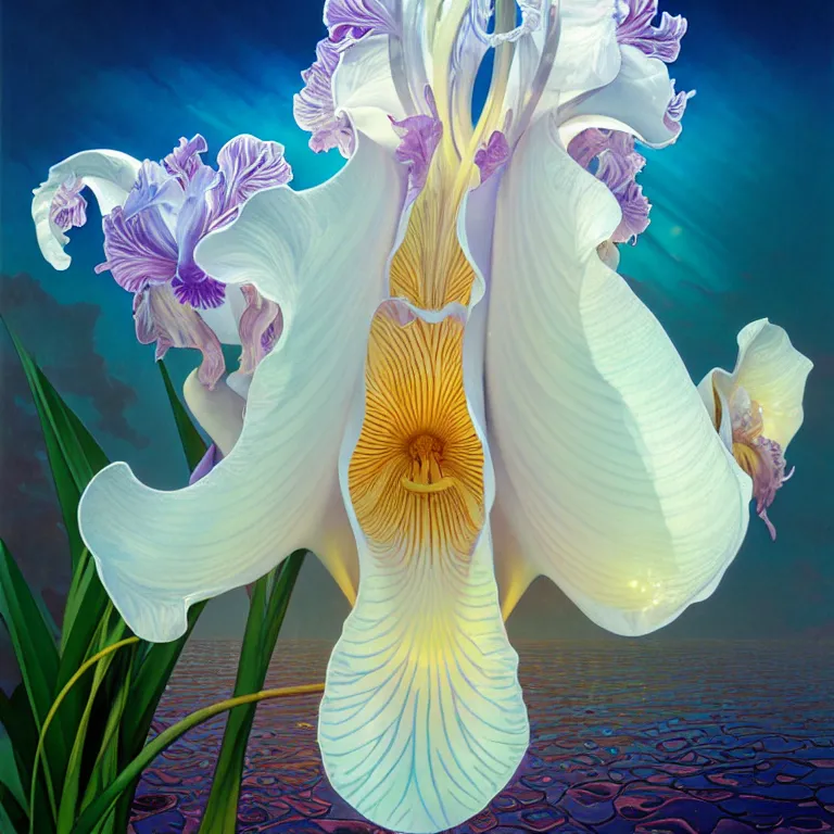 Image similar to detailed giant white holographic orchid iris hybrid flower surrounded by ocean waves, lsd water, lsd ripples, droplets, backlit, sunset, refracted lighting, art by collier, albert aublet, krenz cushart, artem demura, alphonse mucha