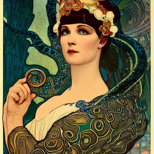 Image similar to louise brooks as cleopatra with coiled serpents beautiful detailed romantic art nouveau lithograph realistic portrait by alphonse mucha, yoshitaka amano, and gustav klimt, photorealism, hauntingly beautiful whirling clouds night sky spirals refined moody dreamscape, digital art