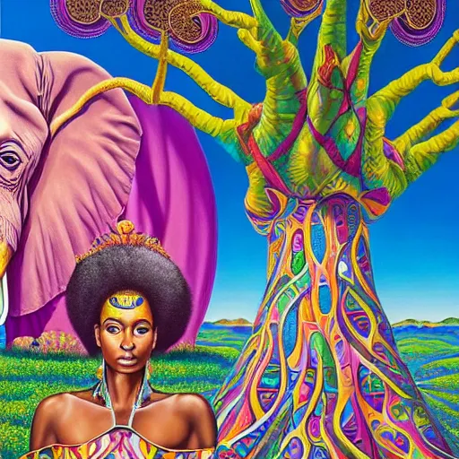 Image similar to a regal and heroic african queen with a colorful afro sitting in a cabana on top of a enormous elephant near a pink river with a large glowing baobab tree, by amanda sage and alex grey and evgeni gordiets in a surreal psychedelic style, symmetrical, detailed eyes, oil on canvas 8k, hd