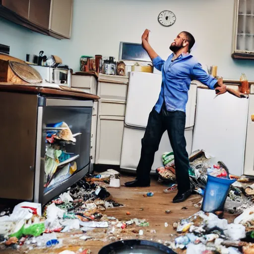 Image similar to photo of a man dancing in the kitchen, full of trash, garbage, shutterstock, getty images, istockphoto,