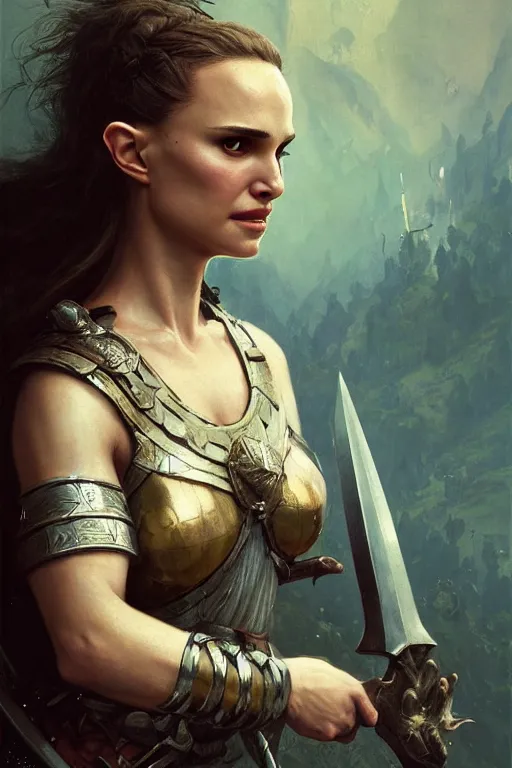 Image similar to natalie portman, legendary warrior, heroic, lord of the rings, tattoos, decorative ornaments, battle armor, by carl spitzweg, ismail inceoglu, vdragan bibin, hans thoma, greg rutkowski, alexandros pyromallis, perfect face, fine details, realistic shading photorealism