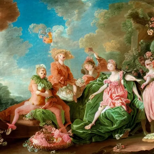 Image similar to colorful oasis in the style and the language of Rococo, reimagining the dynamism of works by eighteenth-century artists such as Giovanni Battista Tiepolo, François Boucher, Nicolas Lancret and Jean-Antoine Watteau through a filter of contemporary cultural references including film, food and consumerism